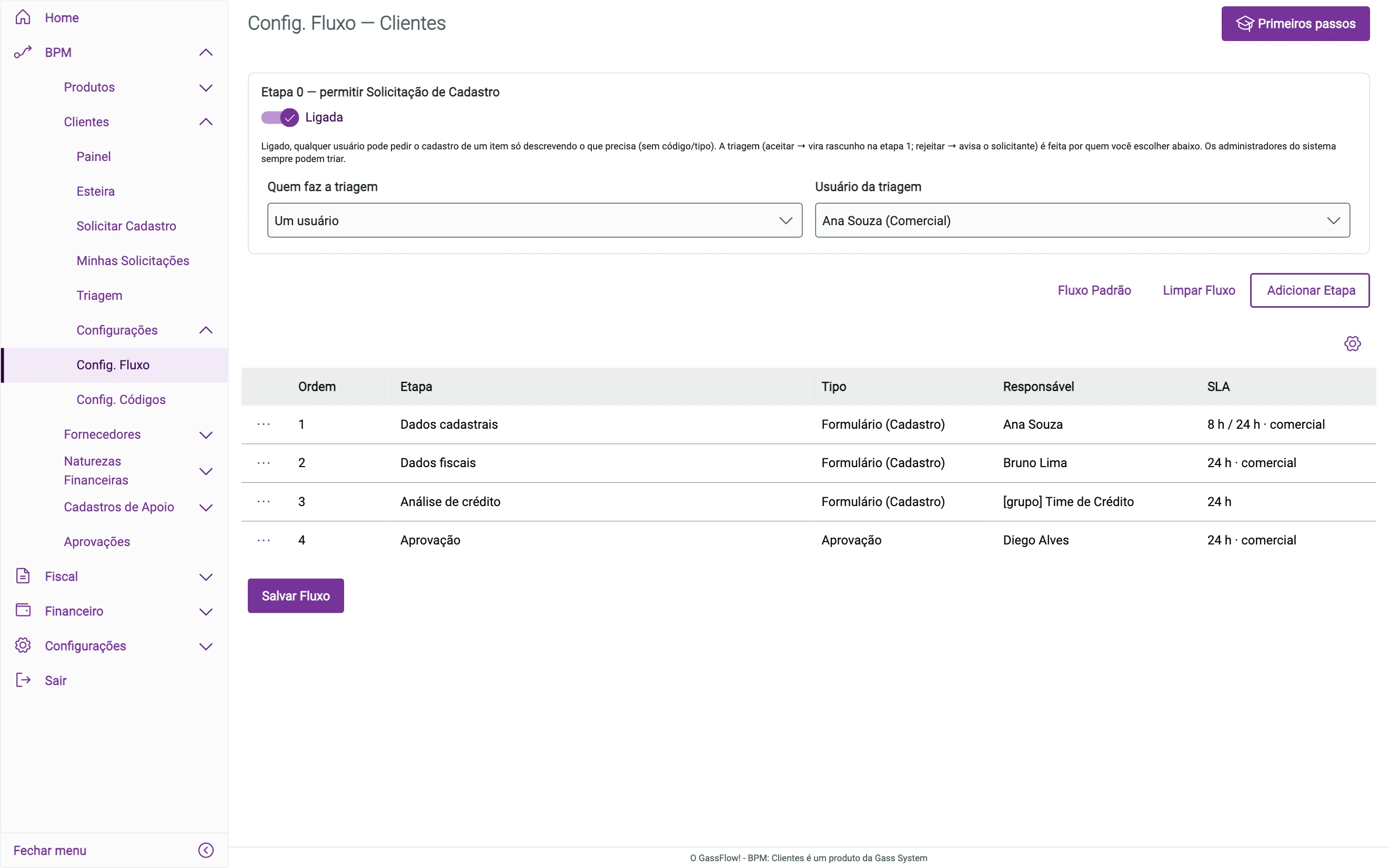 Tela de configuração do fluxo de clientes: etapa 0 de solicitação e a lista de etapas com tipo, responsável e SLA