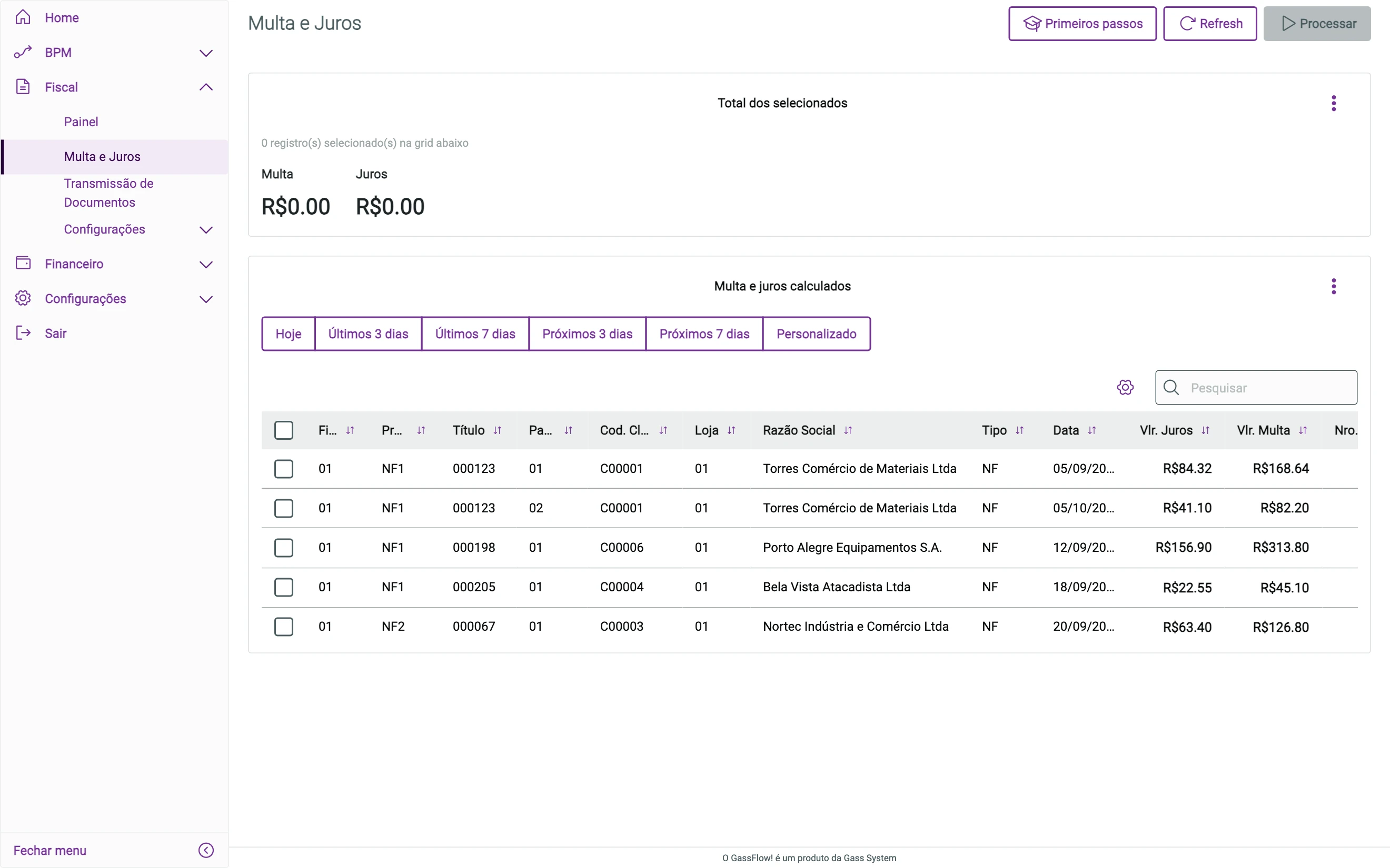 Tela Multa e Juros com a grid de títulos vencidos e filtros rápidos por data