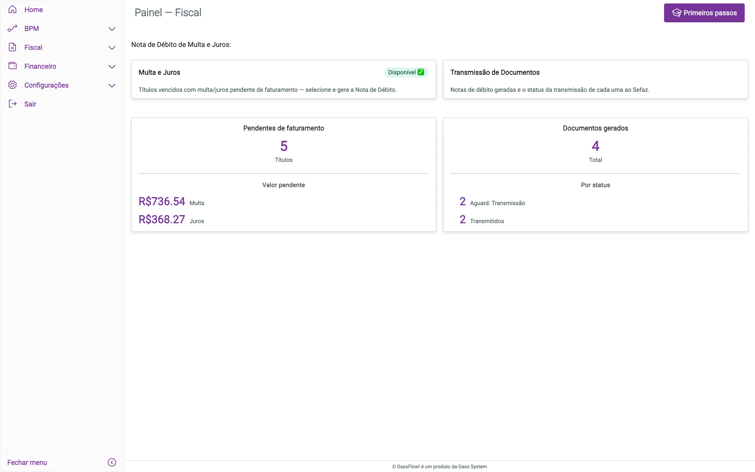 Painel Fiscal com totais de títulos pendentes, valor de multa e juros, e documentos por status