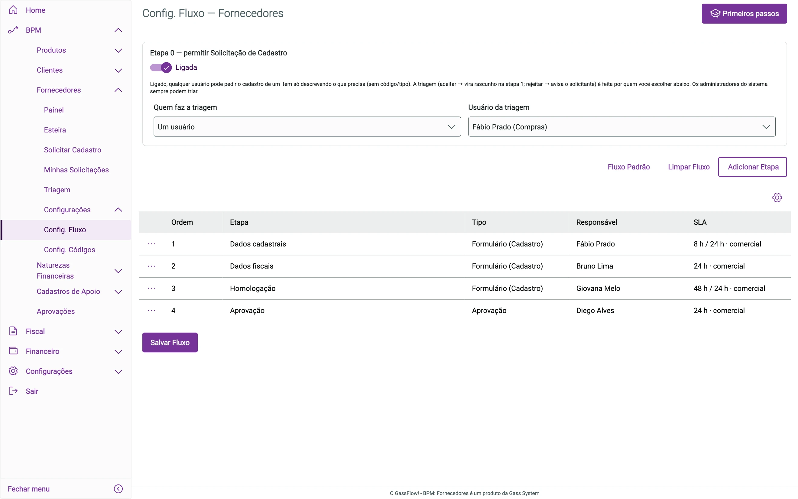 Tela de configuração do fluxo de fornecedores: etapa 0 de solicitação e a lista de etapas com tipo, responsável e SLA