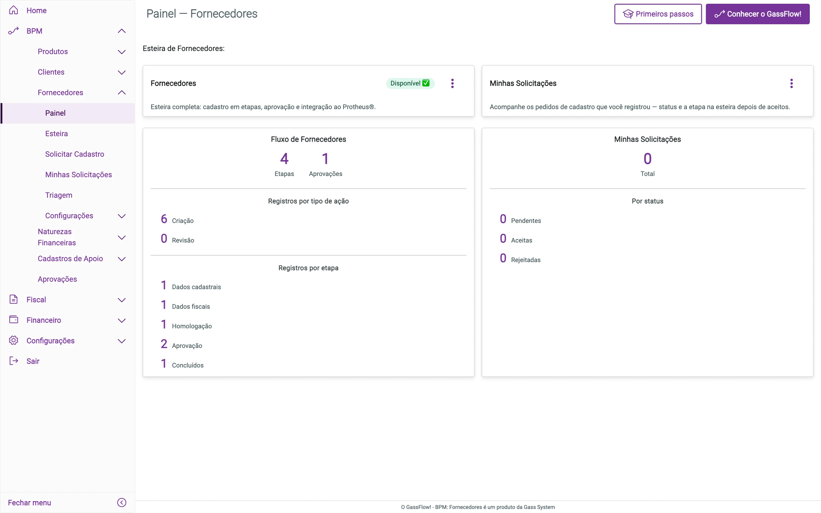 Painel de fornecedores com o resumo do fluxo: etapas, aprovações e registros por etapa