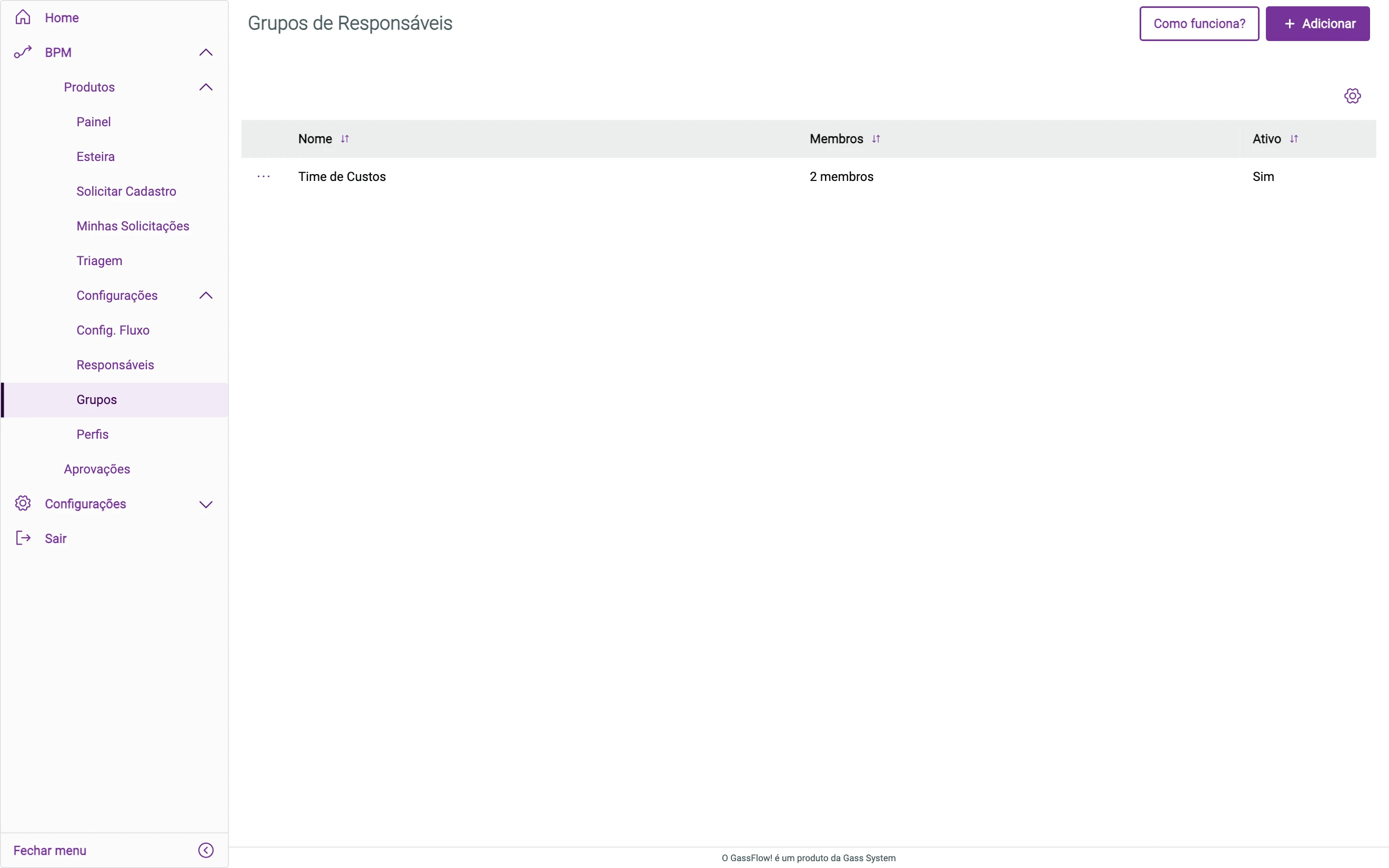 Tela de grupos de responsáveis com o número de membros